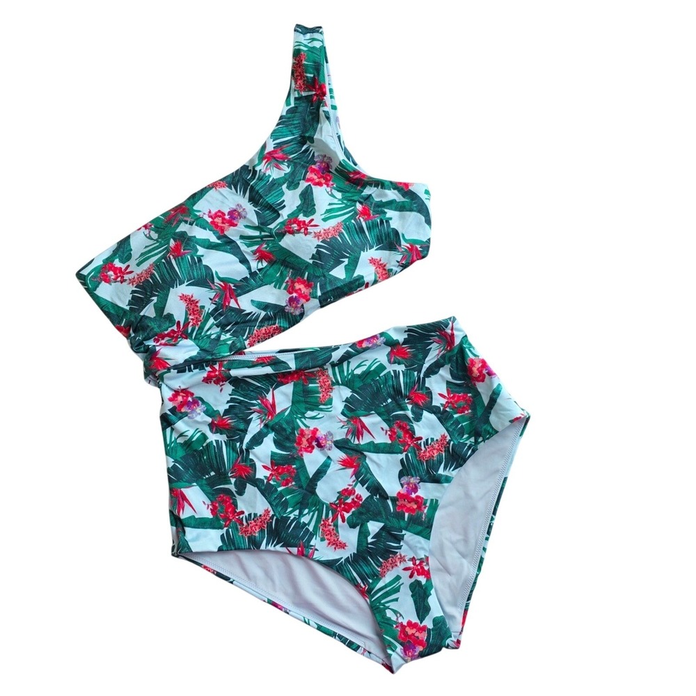 Victoria's Secret One Piece Swimsuit Women M Blue Tropical Floral One Shoulder